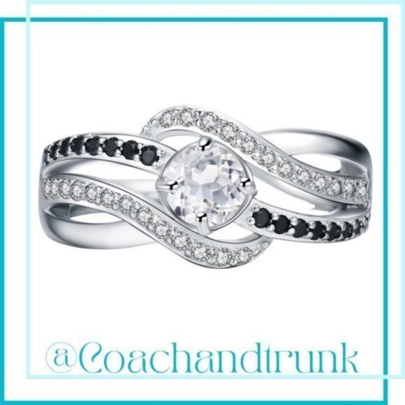 925 Sterling Hallmark Bypass Black Spinel and Diamond CZ Ring - Picture 1 of 4